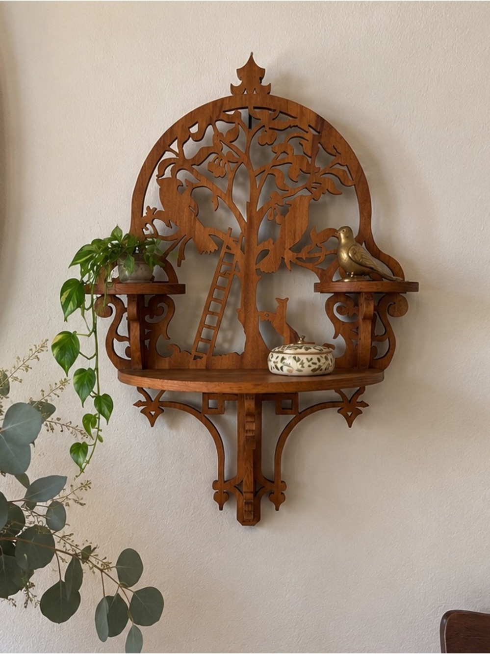 Vintage Wood 3 shelf Folk Art Wood tree of life Scroll Work birds plant fox boho